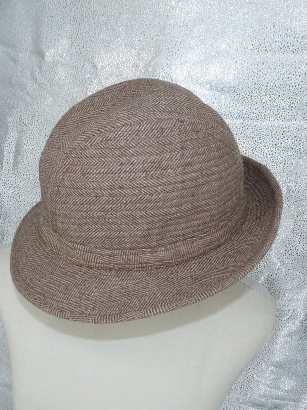 Vintage London Fog Fedora Hat Brown Herringbone Tweed Wool Blend Cloche 21 In